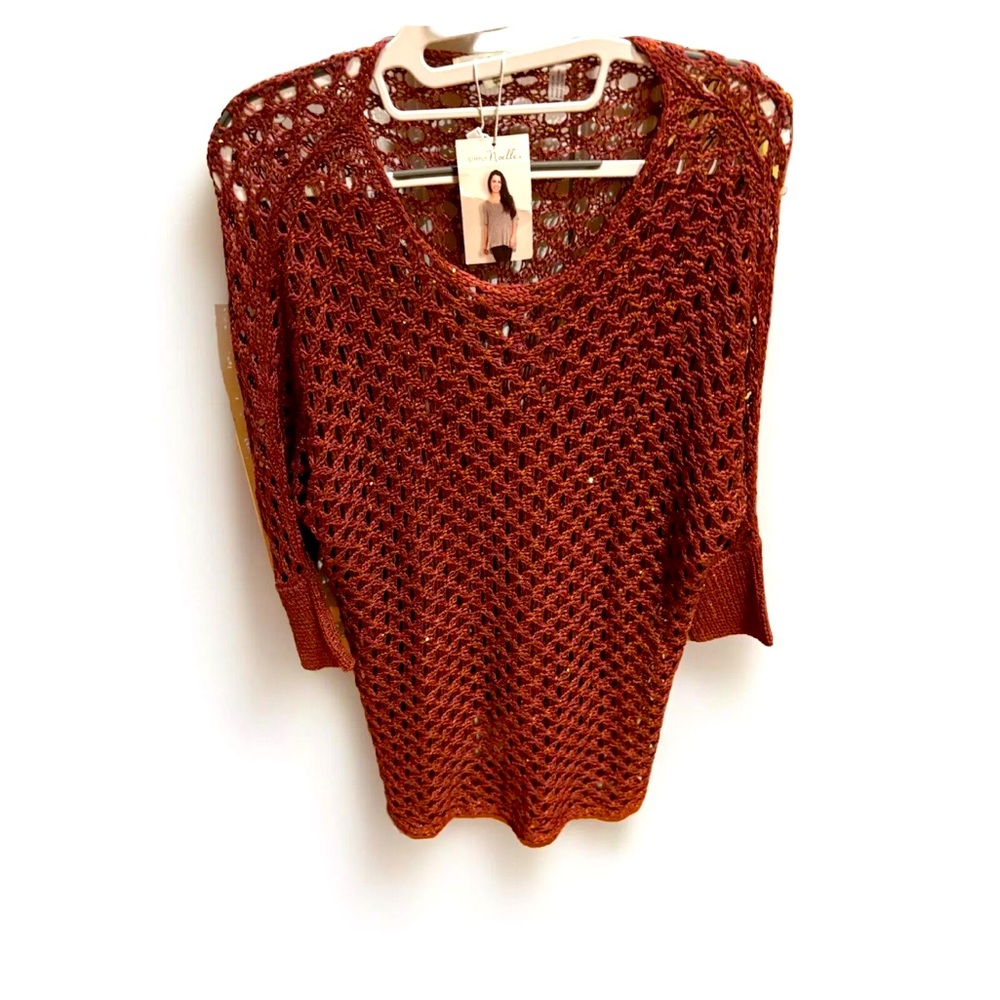 Simply Noelle NWT open weave brown sequined crocheted dolman sleeve sweater, S/M